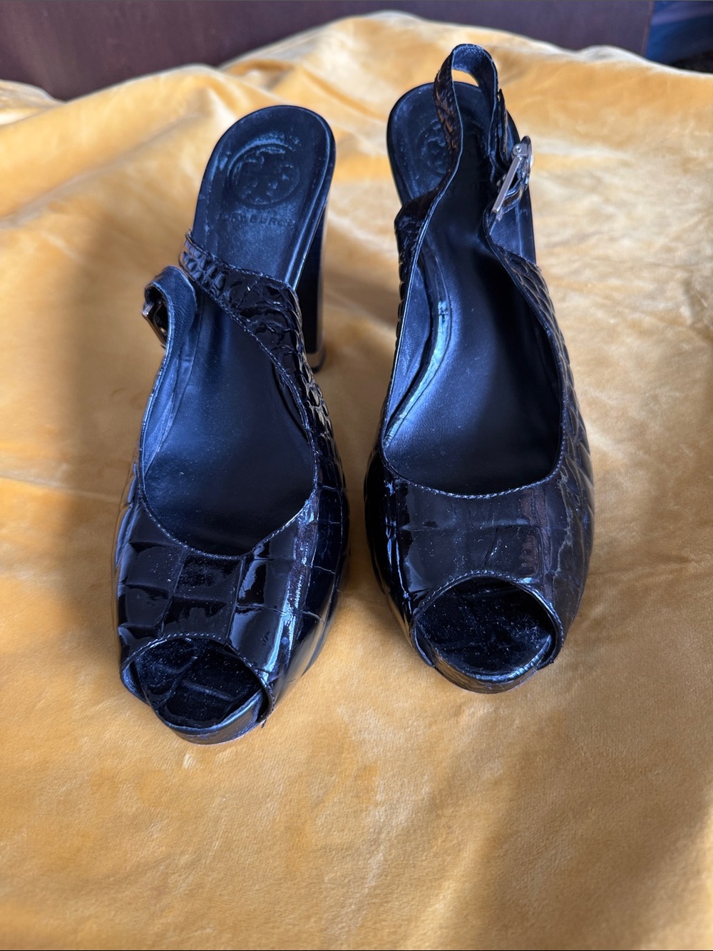 Tory Burch Black Patent Croc-Embossed Peep-Toe Slingback Heels